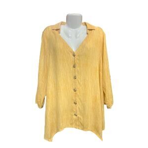 Fred David Women's Yellow V-Neck Roll Tab Sleeve Shark Bite Hem Blouse | Size 1X